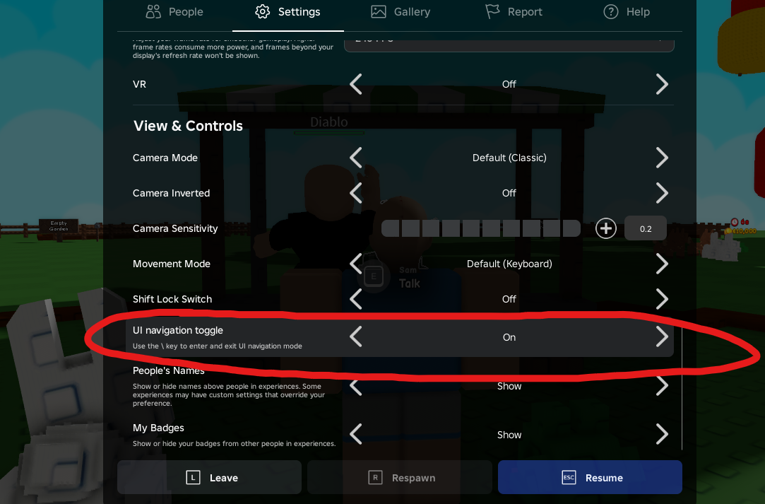 Roblox Settings showing the 'UI navigation toggle' option set to On, circled in red.